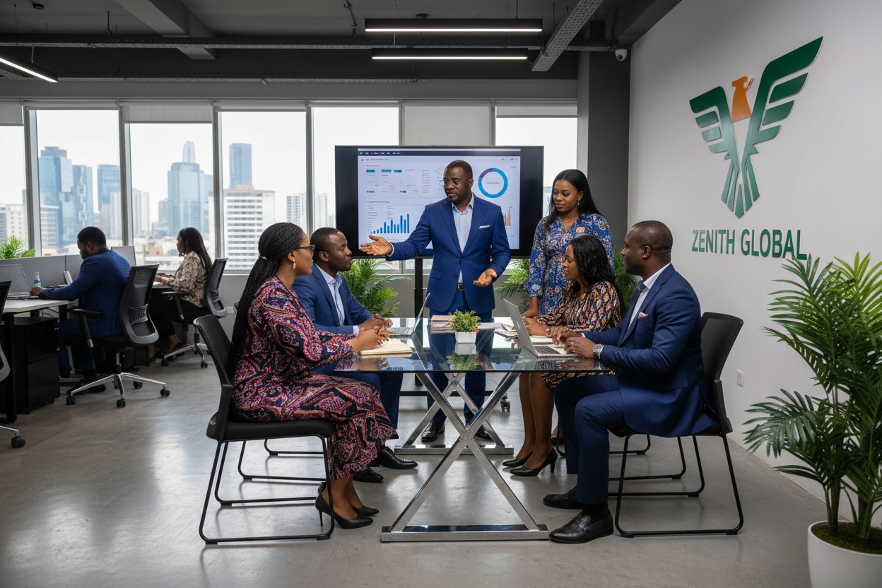 A diverse team of six professionals in a modern office holds a meeting around a glass table while a speaker gestures toward a screen showing financial charts.