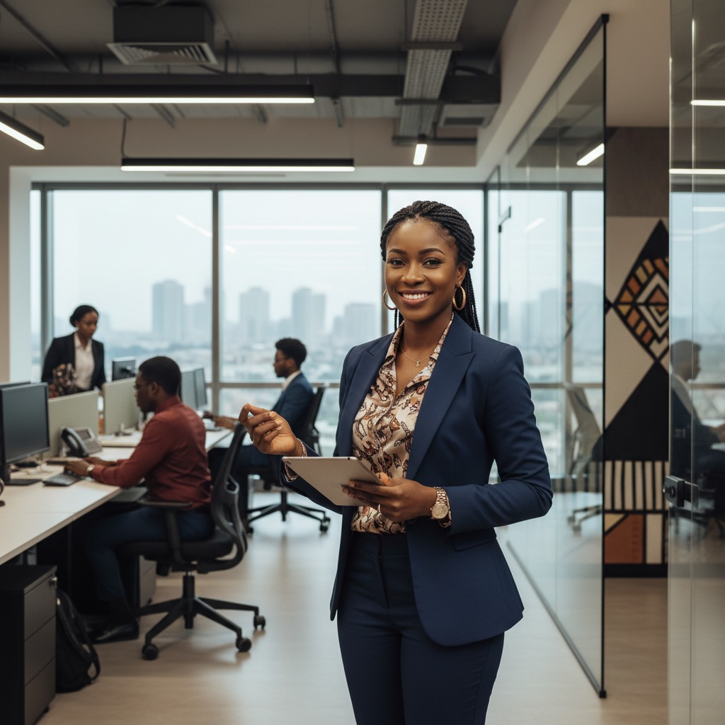 A smiling Black businesswoman in a blue suit holds a tablet in a modern office with coworkers working at desks in the background.